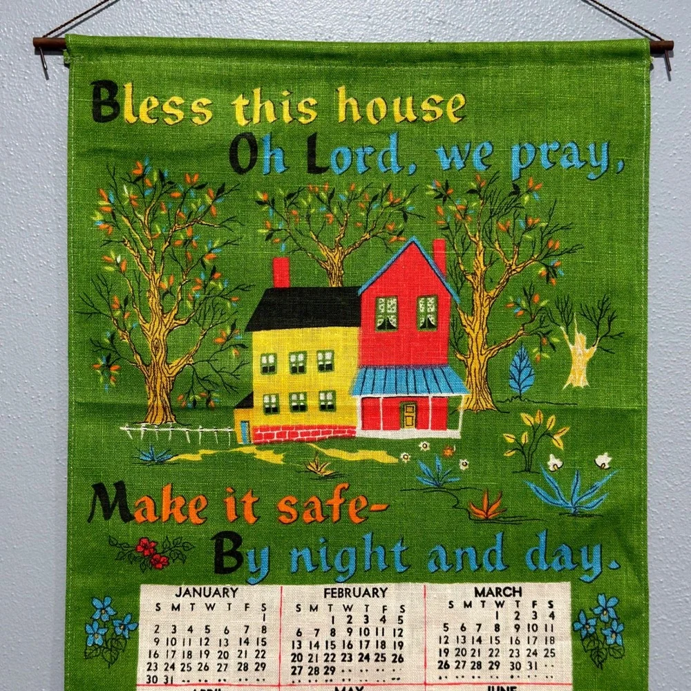 Vintage 1972 Linen Calendar Tea Towel Wall Hanging Bless This House Green 16x28